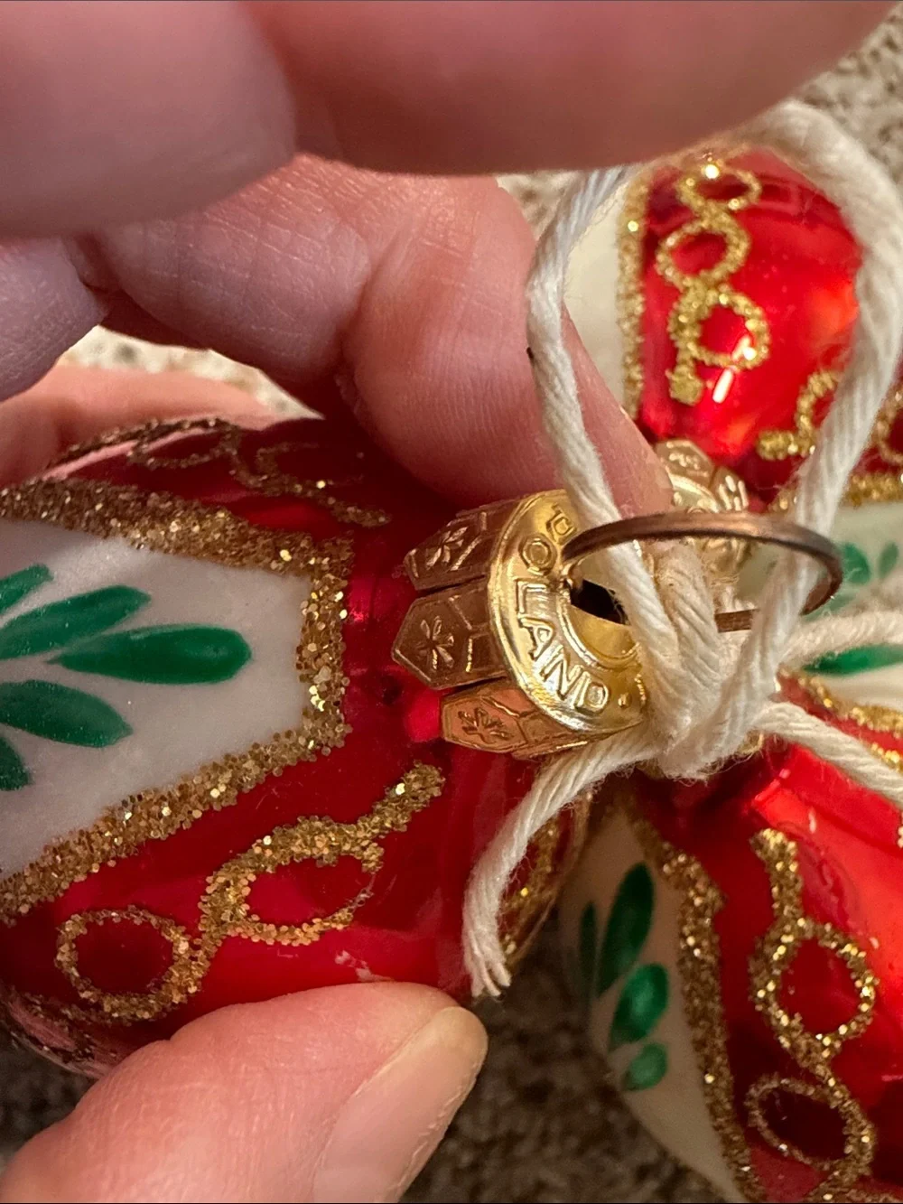 Vintage Polish Glass Christmas Ornaments Indented Reflector Red White 3PC Set